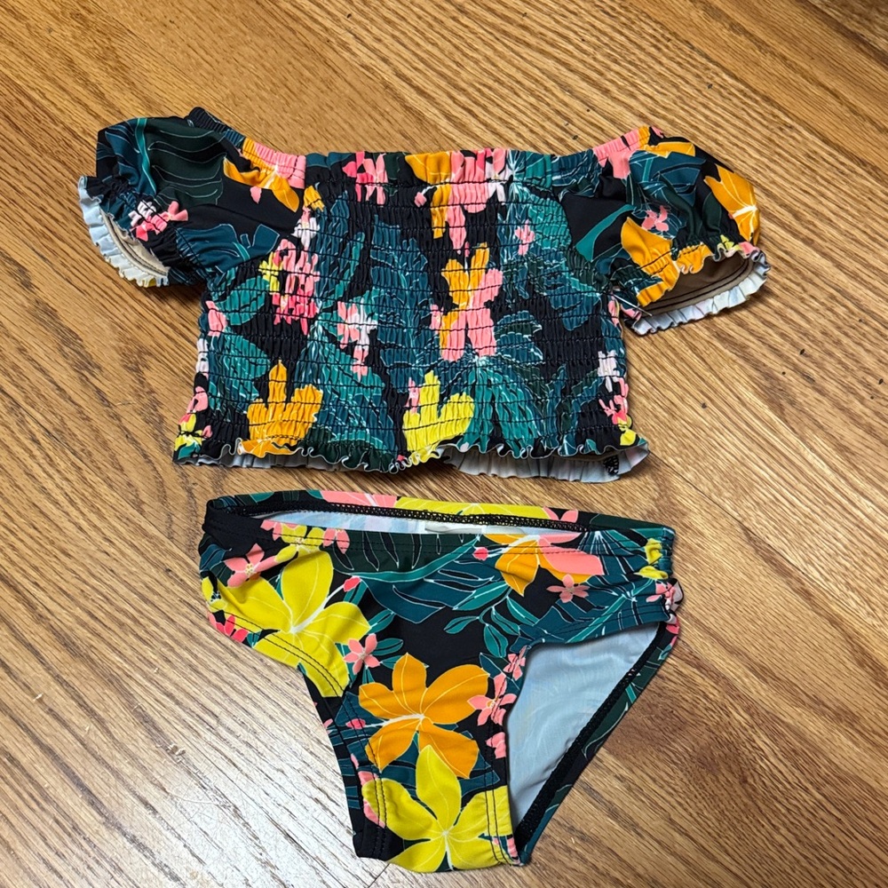 Girls Floral Off-Shoulder Two-Piece Swim Set - Black with Yellow & Pink Flowers